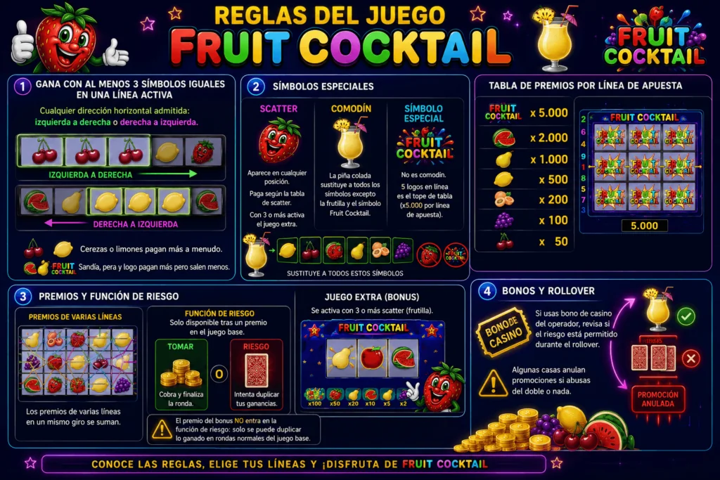 Infografía con las reglas de Fruit Cocktail, pagos, símbolos especiales y funciones de bono.